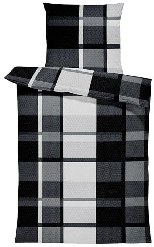 one-home 4 teilig Winter Bettwäsche 135x200 cm Kariert grau schwarz Flausch Warme Fleece