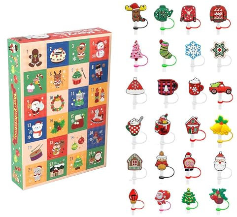 Calendrier de l'Avent 2024 – Surprise de Noël avec paille de 10 mm pour gobelets de 880,5 g et 1284 ml, calendrier de l'Avent 2024 avec paille en silicone, compte à rebours pour enfants et adultes