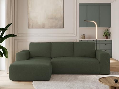 MKS MEBLE Sofa mit Schlaffunktion - Ecksofa mit Schlaffunktion und Bettkasten - Sofa 3 Sitzer - Schlafsofa - Couch - Schlafsofa mit Bettkasten - Trentino L - Grün Boucle - Links