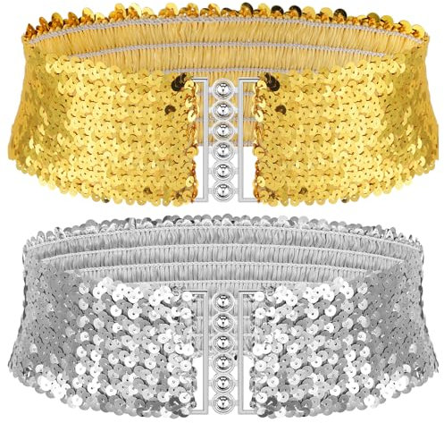 Pailletten Breite Gürtel Damen Metall Schnallen Glänzender Taillengürtel(Gold Sliver,2 Pcs)