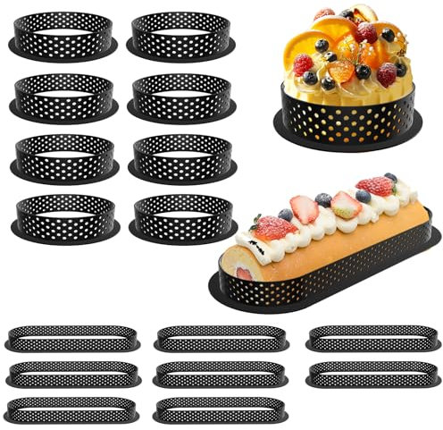 Txmyxgs 16PCS Mousse-Kreisring Kuchen,Perforierte Tortenringe, 8pcs oval 8pcs rund Kuchenform tartelette förmchen,Antihaft Kuchen Ringe Mit Lüftungslöchern für Desserts, DIY,Schwarzer