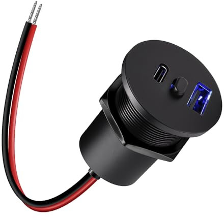 acegoo USB C Steckdose 12V Wohnmobil Aluminium Auto USB Ladegerät mit Schalter & Blaues Licht, PD3.0 & QC3.0 KFZ 12 Volt Buchse Dose Einbau für Camper Auto Boot LKW Wohnwagen Jacht, 1 Stück