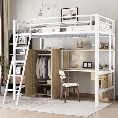 TOBIDOEN Kinderbett Hochbett 90x200 mit Schreibtisch und Kleiderschrank, Etagenbett Metallbett mit Reichlich Ablagefächer, vierstufigen Schrägleiter,Eisen+Spanplatte, Weiß+Natur