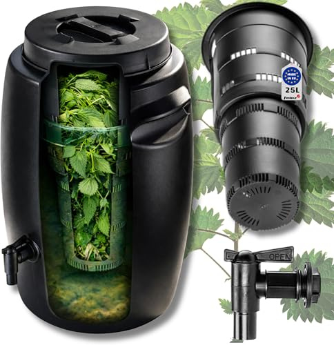 FEINZ Flüssigkomposter 25 L mit Hahn | Fass Komposter, Weithalsfass, Flüssigdünger, Deckel, natürliche Fermentation, Jauche, Kunststoff, Belüftung, Balkon, Garten