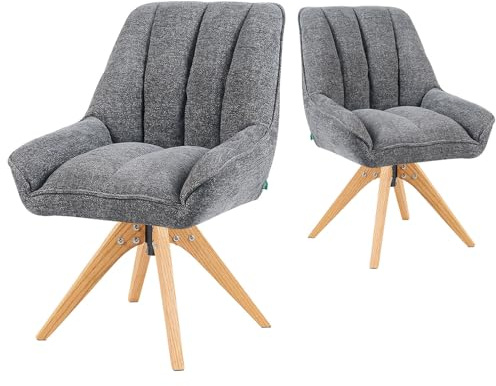 DUBI Möbel Esszimmerstühle 2er Set 360° drehbar mit Taschenfederkern, hoher Sitzkomfort, bis 150 kg belastbar, abriebfester Stoff Grau, Eiche Massivholzgestell geölt (Natur), Mika-Lio