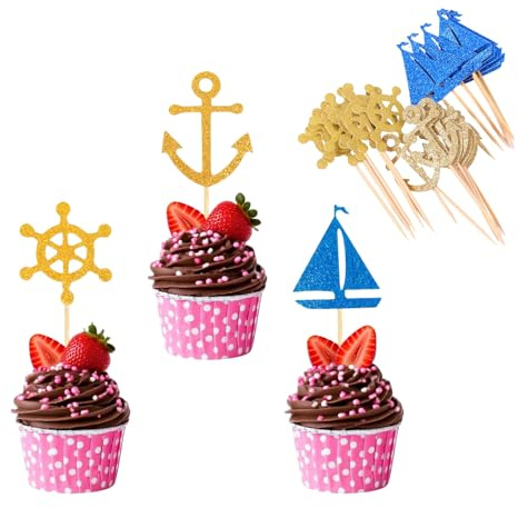 VBSYUYQ 24 Pcs Nautical Cupcake Toppers, Anchor Rudder Cake Decorations | 24 pcs nautical anchor rudder designs, pre-assembled paper toppers, fit cupcakes desserts, ideal for themed party events