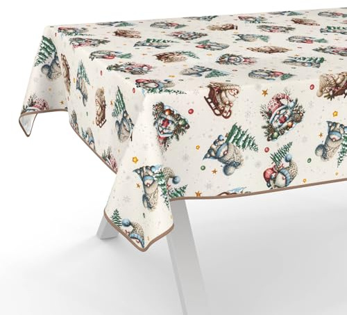 ANRO Tischdecke abwaschbar Weihnachtsmann Beige mit Saum 140x140 cm | mit Saum eingefasst – ideal für Garten, Terrasse & Esszimmer – Gartentischdecke wetterfest – waschbar bei 30 °C