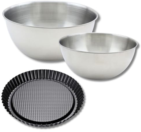 Zenker & Fackelmann 9363850 Moule à Tarte Renversée 28 cm, 2 Bols Mixer Inox 20,5 cm & 25 cm, Spatule Silicone Lila, 28 x 3,5 cm| 25 cm | 20,5 cm