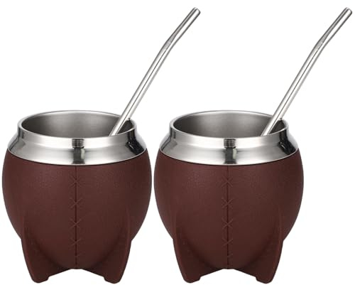 SWEWARM 2 Pcs Yerba Mate Cup Set, 280 ml Stainless Steel Mate Gourds, Non-Slip Faux Leather Body, Stainless Steel Straws, Ideal for Traditional Mate Tea Drinking, Coffee Color