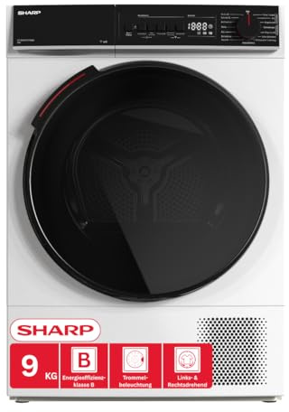 SHARP KD-WNHB9S9GWB-DE Wärmepumpentrockner (9 kg, EEK B), (15 Trockenprogramme, 30 Min. Kurzprogramm, WiFi, Edelstahltrommel mit LED-Beleuchtung), Weiß