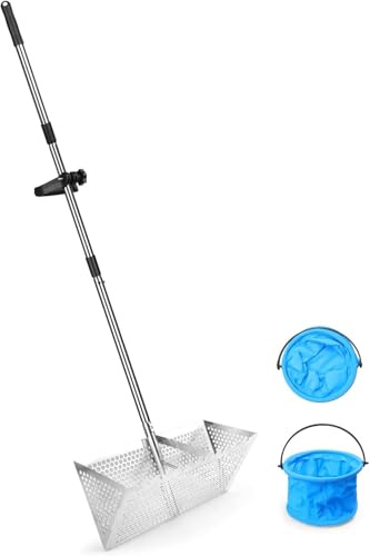 Juego de colador de arena de playa y pala de acero inoxidable, pala de arena de 132 cm (52 pulgadas) con mango extraíble y colador de 40 cm (16 pulgadas) para conchas y dientes de tiburón