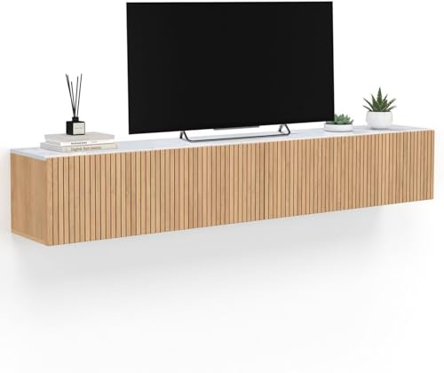 IDMarket - TV-Möbel 180 cm hängend Juliette 2 Türen Platte in Marmoroptik Latten Holzleisten eichenfarben