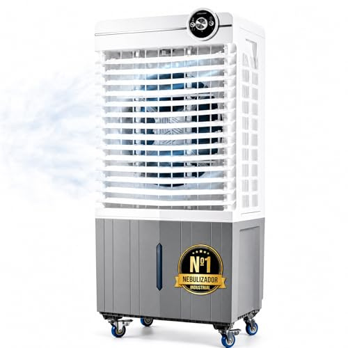 Climatizador Evaporativo Industrial 48L | Sin Tubo Exterior | Naves, Talleres y Terrazas hasta 40 m² | 180W | 3 Velocidades | Oscilante | 2 Acumuladores | 6938m³/h | Portátil (48L / 6938 m3/h)