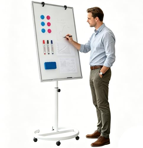100x70cm Flipchart Ständer, Magnetische Whiteboard mobil höhenverstellbar | 157-195cm mit Rollen, trocken abwischbar, magnetisch, für Büro Schule Zuhause