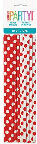 Unique Party - 62082 - Paquet de 10 Pailles - Carton à Pois - Rouge