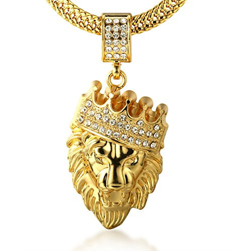 Halukakah ● Kings Landing ● Herren 18 Karat Echt Vergoldet Kronlöwe Anhänger Halskette Künstliche Diamanten Set mit Kostenlose Haischwanzkette 75cm