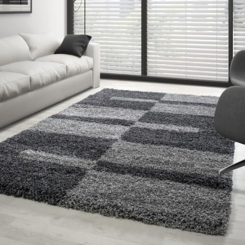 Carpettex Hochflor Teppich Wohnzimmer Shaggy Flokati Teppich Modern Kariert Design 280 x 370 cm Grau - Teppich Schlafzimmer Weich Flauschig Waschbar Teppich Küche Esszimmer - Langflor Teppiche