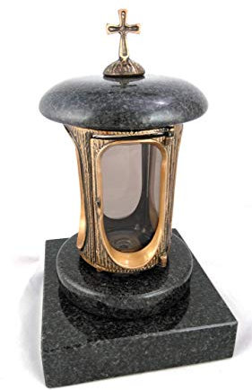 designgrab Grablampe mit Granit Sockel 20x20x5 cm, aus messingfarbenem Aluminium in Antikoptik mit Kreuz und Granit Nero Impala
