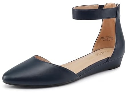 DREAM PAIRS Women's Navy Pu Low Wedge Ankle Strap Flats Shoes, Amiga, Size 9.5 M US /7.5 UK