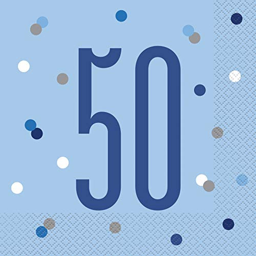 Papierservietten - Zahl 50 - 16,5 cm - Glitzer Blau & Silber Geburtstag - 16er-Packung
