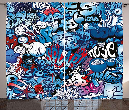 ABAKUHAUS Bunt Rustikaler Gardine, Graffiti Street Art, Schlafzimmer Kräuselband Vorhang mit Schlaufen und Haken, 280 x 260 cm, Aqua Rot