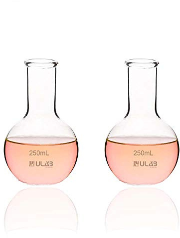ULAB Boiling Flask of Flat Bottom Set, 2pcs of Vol.250ml, Borosilicate 3.3 Glass Material, UBF1008