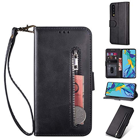 ZTOFERA Hülle für Huawei P30, Magnetisch Folio Flip Wallet Leder Standfunktion Reißverschluss schutzhülle mit Trageschlaufe, Brieftasche Hülle für Huawei P30 - Schwarz