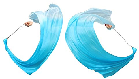 Winged Sirenny 230cm Bauchtanz Seidenschleier Poi Bälle mit Tuch, Echte Seide Jonglierset Schleier VOI, 1 Stück (türkis Farbverlauf)