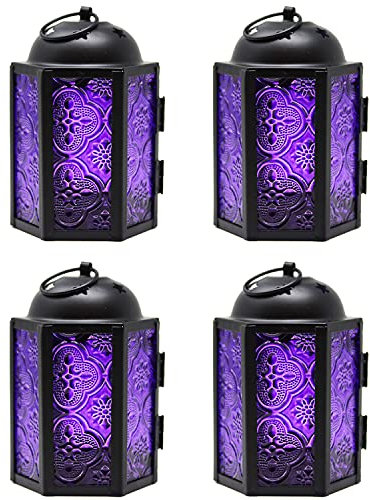 Dekorative Kerzenlaterne für Hochzeiten, Terrasse und Heimdekoration, kleine marokkanische Mini-Laterne, lila Glas, 4er-Set
