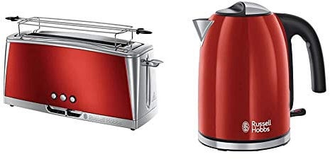 Russell Hobbs Langschlitz Toaster Luna rot, extra breite 1 Langschlitzkammer, 6 einstellbare Bräunungsstufen + Auftau- & Aufwärmfunktion, 1420W, 23250-56 & Wasserkocher Colours+ rot, 1,7l, 2400W