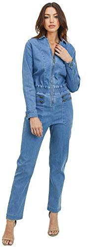 Khanomak Women's Casual Long Sleeve Denim Jumpsuit Zipper Closure with Smocking Details at Waist Medium Blue Small