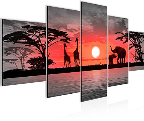 Runa Art Wandbilder Afrika Sonnenuntergang 5 Teilig Bild auf Vlies Leinwand Deko Wohnzimmer Schlafzimmer Giraffe Elefant Orange 000252b