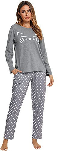 BIKING Pyjama à Manches Longues pour Femme, Ensemble Mignon à Pois, Confortable et Décontracté pour Voyage (Gris, L)