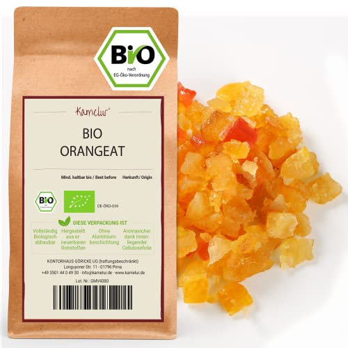 250g BIO Orangeat Würfel zum Backen Orangeat BIO ohne Aroma-Zusatz kandierte Orangen Schale in biologisch abbaubarer Verpackung