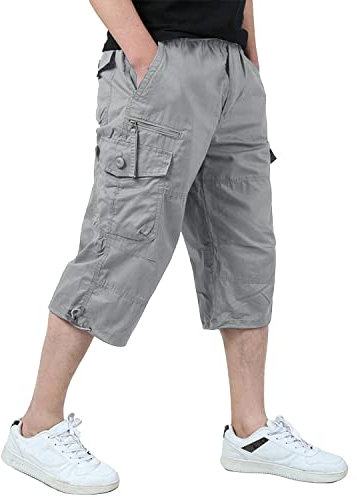 KEFITEVD Cargo Hose Herren 3/4 Shorts Bermuda Freizeithose mit Reißverschluss Caprihose Wandern Angeln Baumwollhose Hellgrau 34
