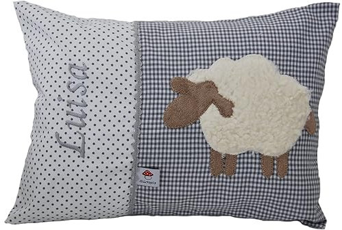 Glückspilz Namenskissen personalisiert, Babykissen mit Namen Bestickt, Schaf, Grau, 25 x 35 cm