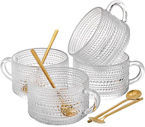 ZOOFOX Set of 4 Glass Coffee Mugs, 14 Oz Clear Glass Cups with Golden Spoons, Vintage Embossed Coffee Cups Set for Latte, Espresso, Cappuccino, Cereal, Yogurt, Tea and Hot Beverage
