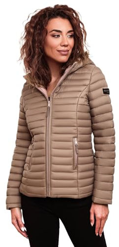 MARIKOO Damen Steppjacke Übergangsjacke gesteppte Jacke mit Kapuze Frühjahr Stepp B857 [B857-Asr-Taupe-Gr.XS]