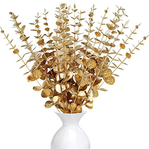 LWAIX Hojas de Eucalipto Artificial Tallos Artificiales de Eucalipto 20pcs Ramas Artificiales Eucalipto para Decoración de Hogar Oficina Bodas (20, Oro)