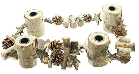 FRANK FLECHTWAREN Stabkerzenhalter Birke, Dekogirlande aus naturbelassenem Holz, Vier Kerzenhalter mit Metalleinsatz, Verschiedene Naturmaterialien, Maße: ca. Länge 120 cm, ohne Kerzen