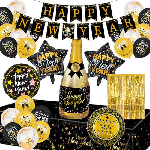34 Stück Silvester Deko Gold, Silvester Party Dekoration Set, Happy New Year Banner, Foil Ballons, Champagnerflasche Folienballon, Silvesterpartydeko Accessoire für Silvesterparty