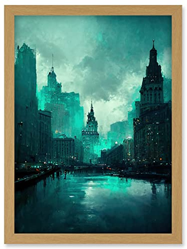 Doppelganger33 LTD Winter Teal New York Hudson River Cityscape Artwork Framed Wall Art Print A4