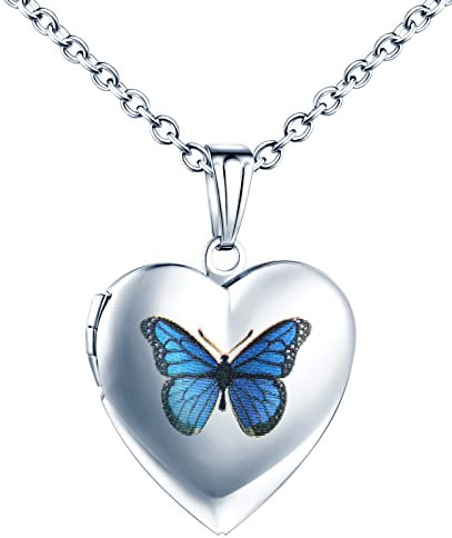 MicLee Damen Kette Foto Blauer Schmetterling Herz Medaillon Photo Bilder Amulett Silber Edelstahl Anhänger Halskette mit Geschenkbox Grußkarte, Super Geschenk für Paar Pärchen Mutter Tochter