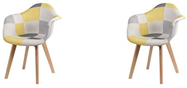 HJhomeheart 2er Esszimmerstühle aus Patchwork-Stoff mit Armlehnen, Moderner Design-Sessel, Skandinavischer Küchenstuhl aus Buchenholz (Gelb)