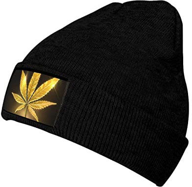 Golden Cannabis Damen Herren Winter Strickmütze, dicke, weiche und warme dicke Beanie-Mütze, für kaltes Wetter, Schwarz, Einheitsgröße