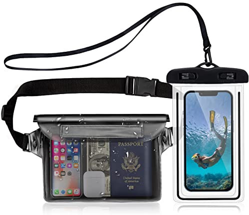 2 en 1 Kit Étanche Sac avec Pochette Étanche Téléphone, IPX8 Smartphone Imperméable Sac Banane, Universel Etui Pochette Imperméable à Ceinture pour Natation Camping Nautique Kayak Pêche