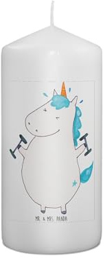 Mr. & Mrs. Panda Kerze Einhorn Fitness 15 x 7 cm - Geschenk, Wachskerze, Fitnessstudio, Sport, Blockkerze, Gym, Einhörner, Unicorn, Erinnerungslicht, Erinnerungskerze, Stumpenkerze