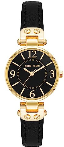 Anne Klein Women's Leather Strap Watch Black/Gold