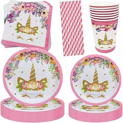 JINLAIYUN Juego de 100 platos de fiesta de unicornio, 20 invitados, platos de unicornio, vasos, platos de papel, servilletas, suministros para fiestas de unicornio (unicornio rosa)