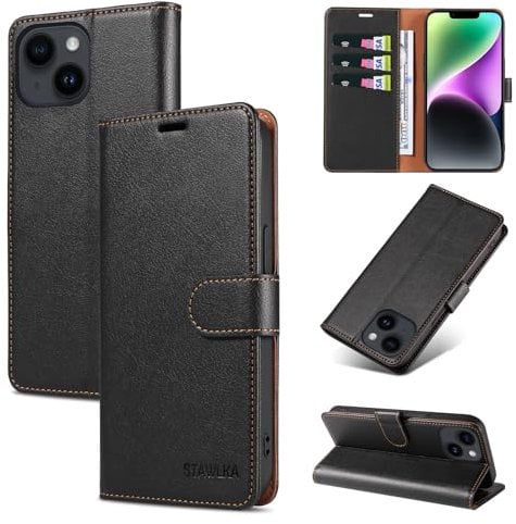 STAWLKA Case for iPhone 14 Plus, Premium PU Leather Flip Magnetic Buckle Wallet Case Kickstand Blocking RFID Shockproof Protective Phone Cover for iPhone 14 Plus - Black